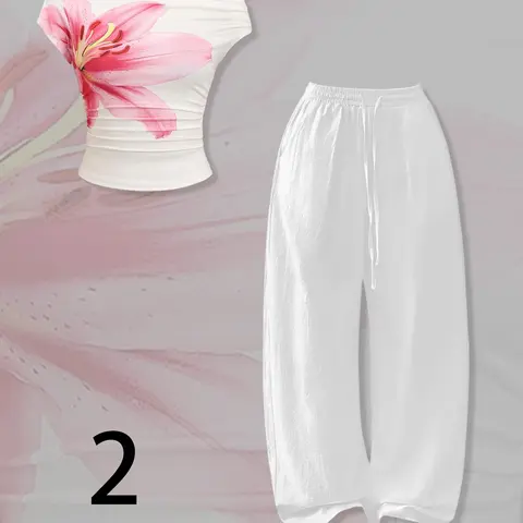 Lily Print Off Shoulder Crop Top Wide Leg Pants 2 Piece Set, Y2K Floral Bandeau And Drawstring Pant, Adjustable Summer Casual Off Shoulder Outfit, Street Style, Vacation, Y2K Streetwear Clothes, Trend