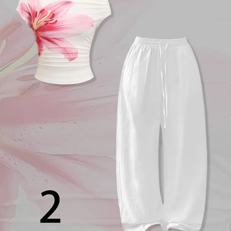 Lily Print Off Shoulder Crop Top Wide Leg Pants 2 Piece Set, Y2K Floral Bandeau And Drawstring Pant, Adjustable Summer Casual Off Shoulder Outfit, Street Style, Vacation, Y2K Streetwear Clothes, Trend