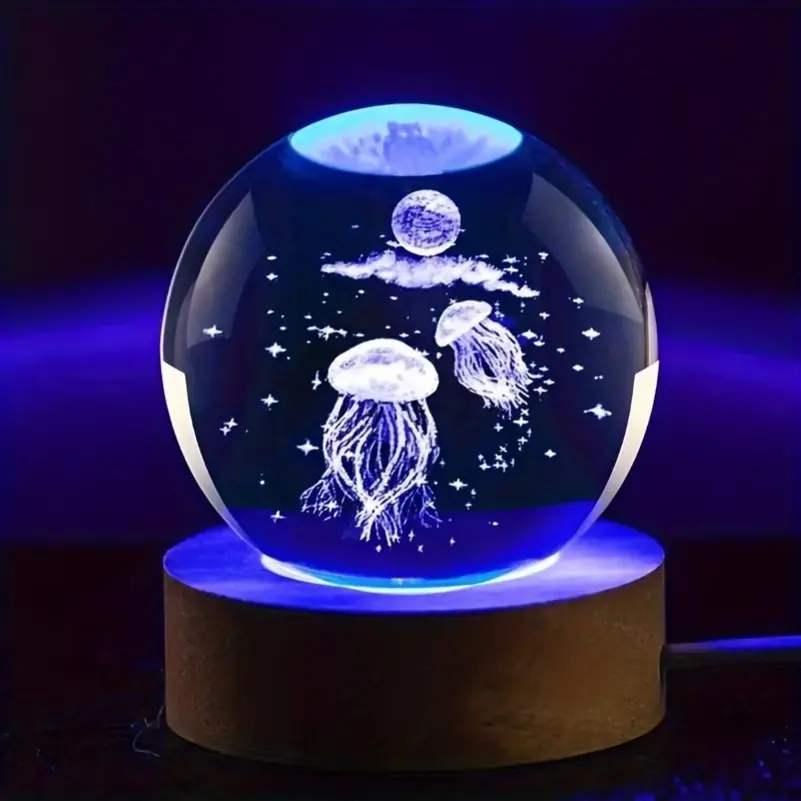 1pc 2.36 in 3D Jellyfish Engraved Crystal Ball - Color Changing Laser Glass Table Decor with Night Light, Glass Tabletop Sign & Plaque, Ideal for Home Gifts, Holiday Occasions