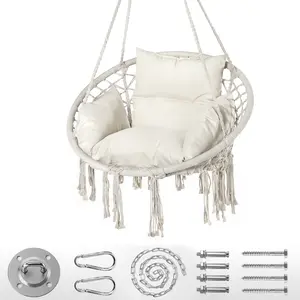 Bohemian Hanging Swing Chair with Thick Cushion (Stand not included）– 330 lb Capacity, Cream White Hammock Chair for Indoor & Outdoor Relaxation