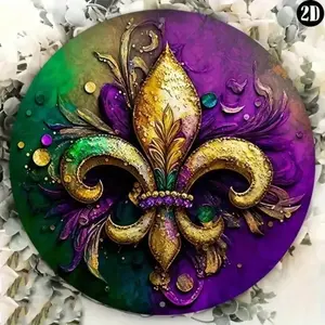 Vintage Aluminum French Fleur De Lis Mardi Gras Wreath Sign, Decorative Plaque, Wall Decor for Home Bar Cafe Garden Indoor Outdoor, 8x8 Inch Round Metal Decor