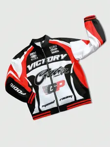 Mens american retro racing style stand collar jacket with black white and red color block splicing and multiple racing-themed prints like victory zip-up front design loose dropped shoulder fit windproof and waterproof fabric for streetwear and sports wear
