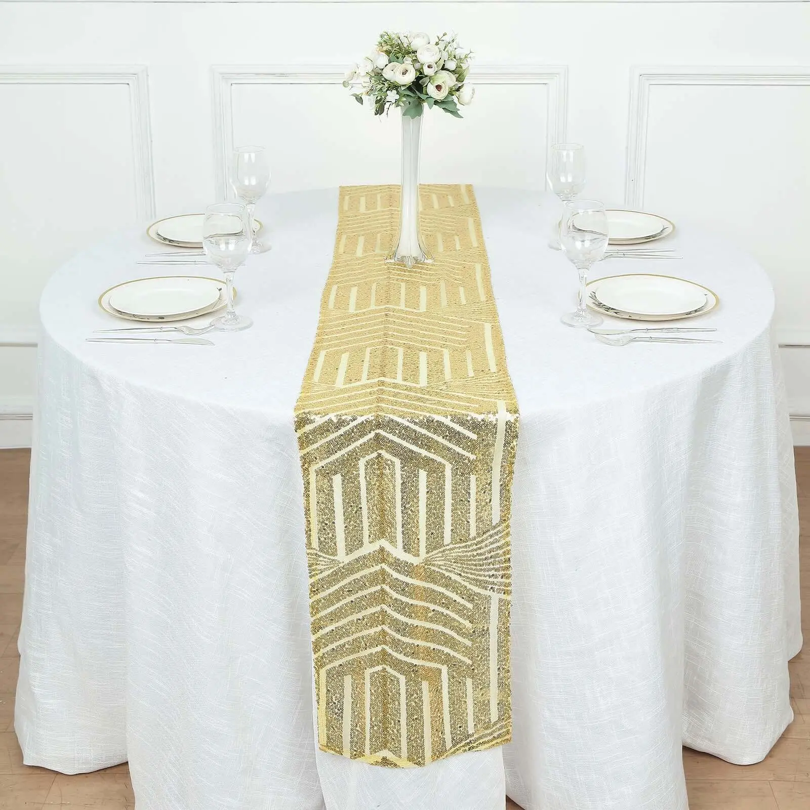 Gold Sequin Table Runner, 12"x108" Diamond Glitz Design, Ideal for Party, Baby Showers, Anniversary Parties, Ceremonies, Receptions