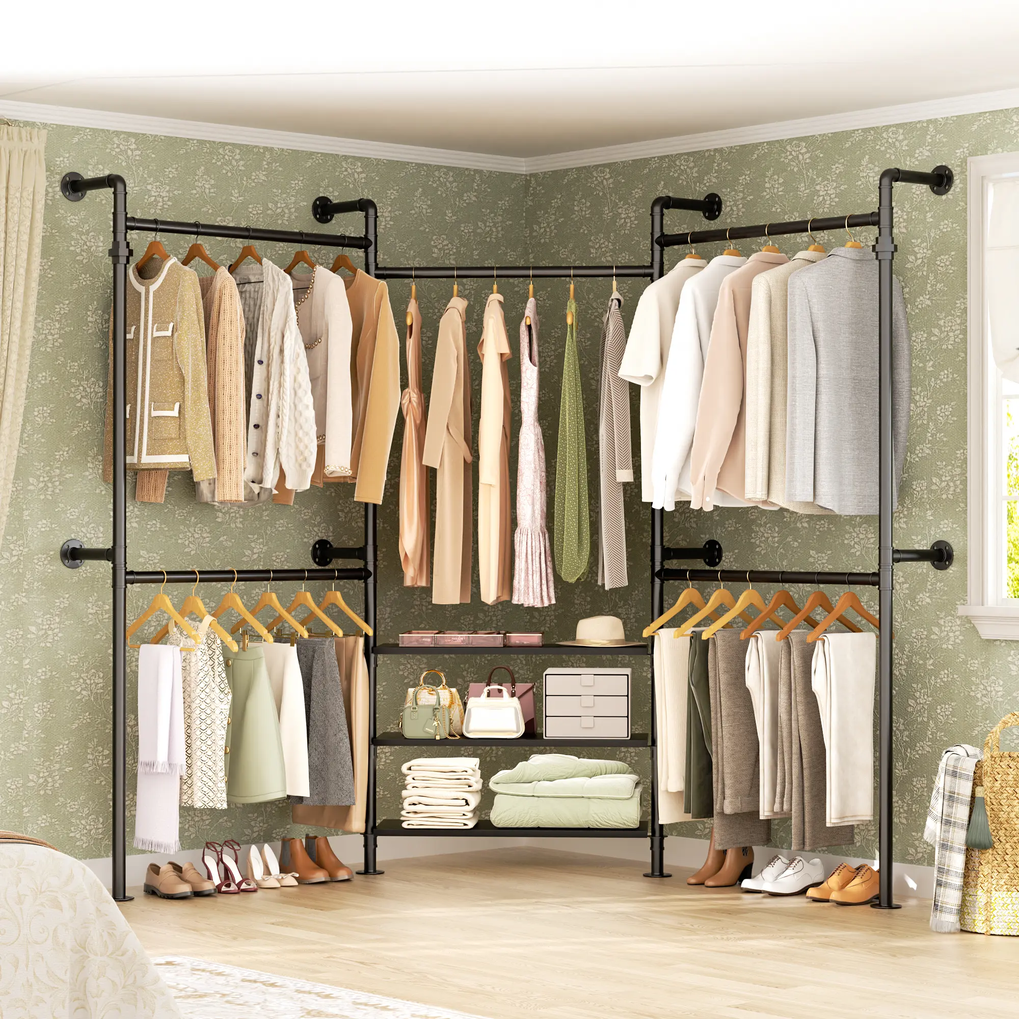 Unikito Industrial Pipe Wall Closet System, 3 Wooden Shelves and 5 Hanging Rods, Wall-Mounted Garment Rack for Small Spaces, Walk-in Closet, 1000 lb Capacity Wood Wardrobe Cabinet Wood Armoire Storage