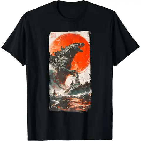 Men's Chic Round Neck Cotton T-Shirt - Retro Japanese Legendary Rare Kaiju Print, Black,  Breathable, Casual Day Wear Top for Owning Your Identity