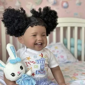 TopLink 24inch Handmade Black Cute Smiling Simulation Doll 60cm Reborn with Cloth Body Implanted Hair Soft Vinyl Head Limbs High-grade Acrylic Eyes Hand Rooted Hair