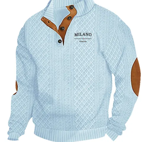 Men's letter print knitted jacquard long sleeve Knitwear Henley hoodie, Knitted Casual Top, comfortable fabric, casual style, suitable for men's daily wear in and winter, essential for men's gatherings and dates. Men's gift.