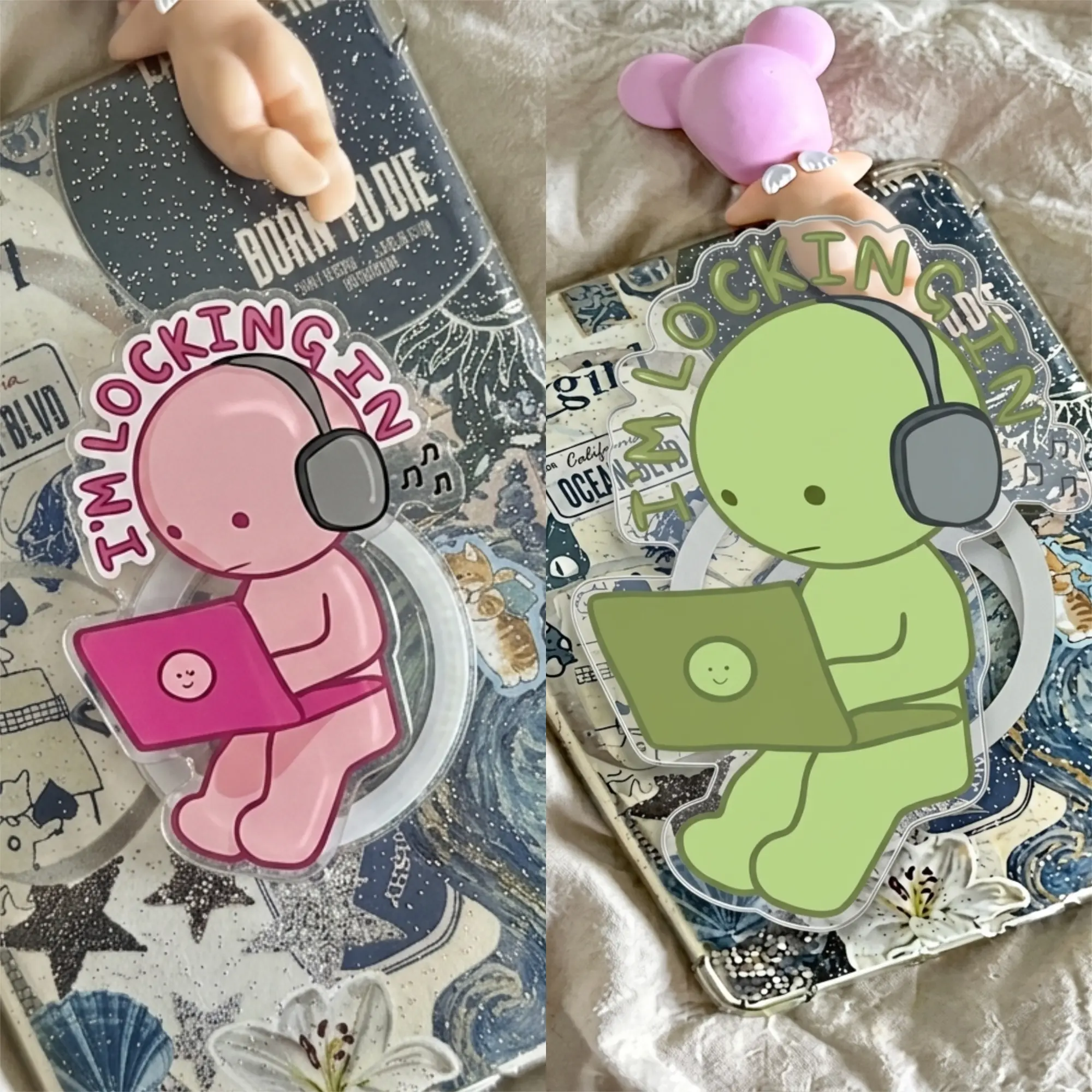 I'm Locking In Phone Grip | Funny Work From Home Acrylic Griptok | Cute Pink Green Laptop Character Phone Stand | Trendy Aesthetic Study Motivation Desk Accessory