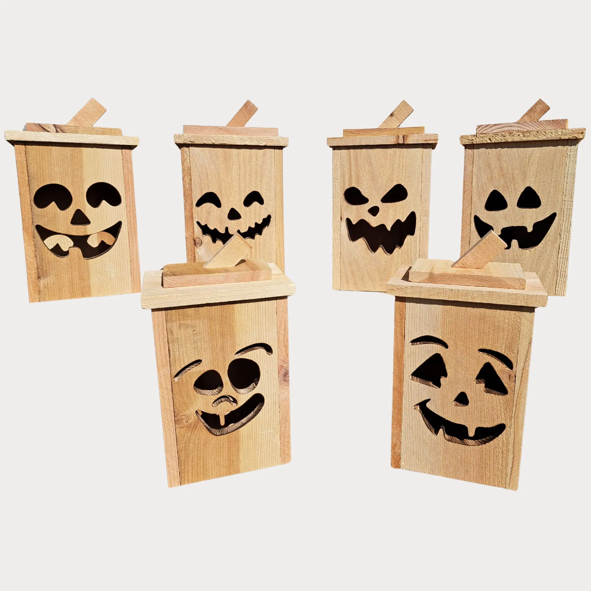 Handcrafted Wooden Jack O’ Lantern – Real Cedar Halloween Lantern with LED Light – Choose Face & Finish – Durable Fall Decor