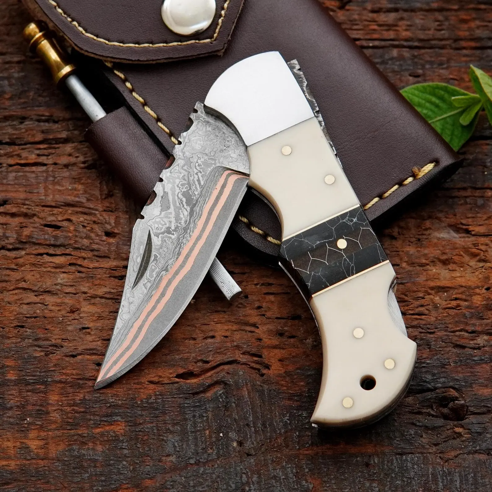 Handmade Copper Damascus Folding Pocket Knife with Camel Bone & Stone Handle, Anniversary Gift for Husband, Groomsman Gift