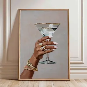 Chic Martini Glass Poster – Glam Wall Art with Hand Holding Cocktail, Fashion Bar Decor, Modern Champagne Print | Frameless Poster S