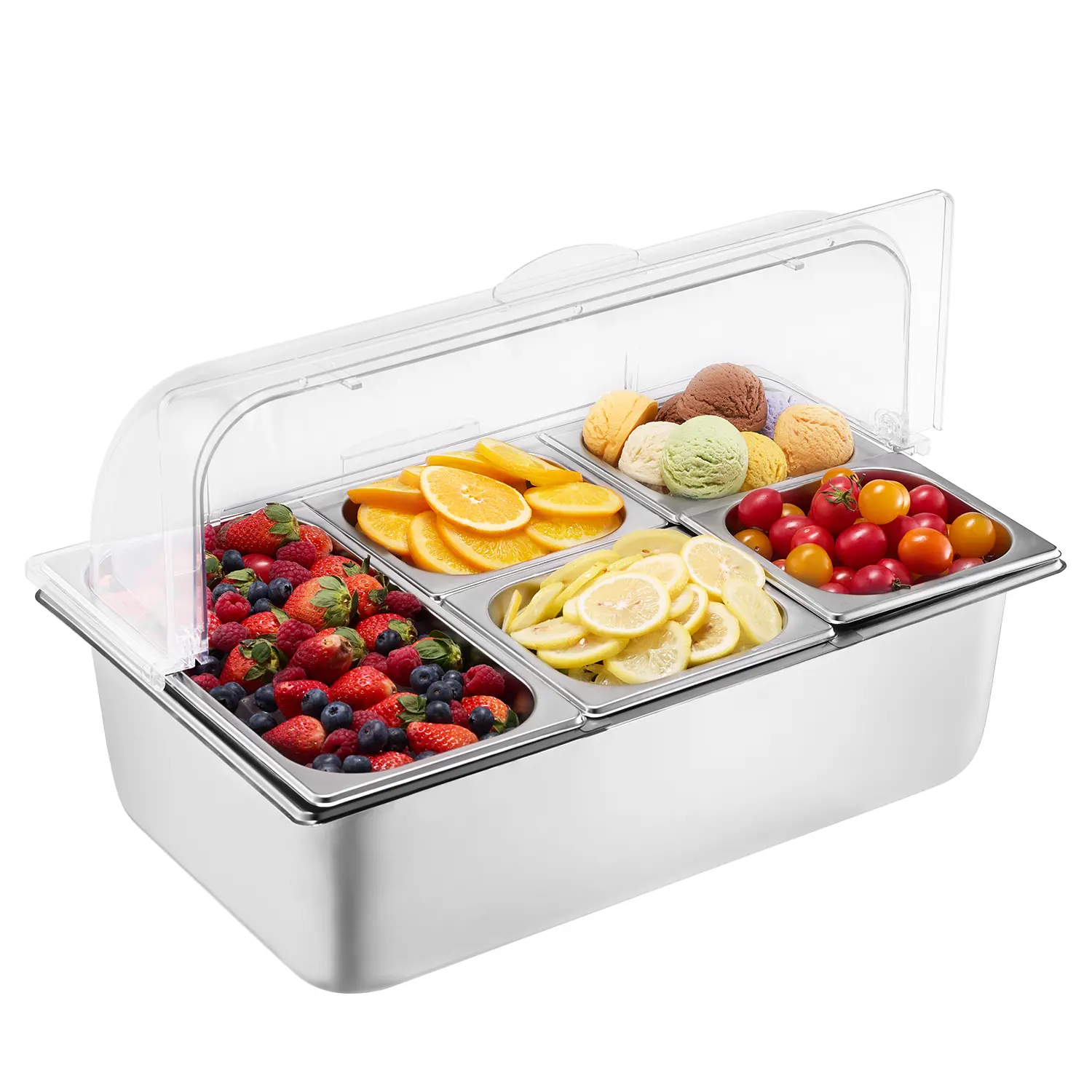 【summerfinds】VEVOR Kitchen 5-Pan Silicone Condiment Dispenser Set with Lid, Detachable Rack, Cooling Functionality, Utensils for Food Serving Display & Storage Container