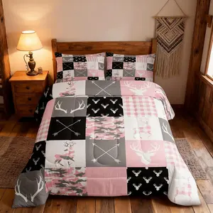 Pink Camo Antlers Kids Comforter Set Geometric Checkered Boho Arrows Patchwork Bedding Set,Wild Animals Hunting Rustic Farmhouse Down Comforter,Boys Girls Xmas Bedroom Decor