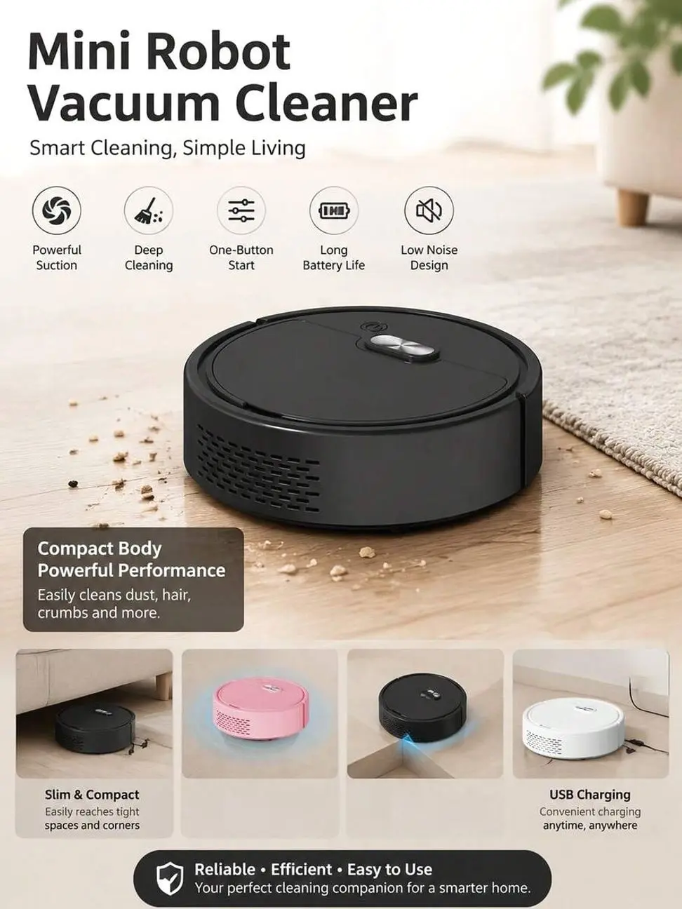 Mini Robot Vacuum Cleaner, Automatic USB Rechargeable Sweeping Machine for Pet Hair, Hard Floors, and Daily Household Dusting