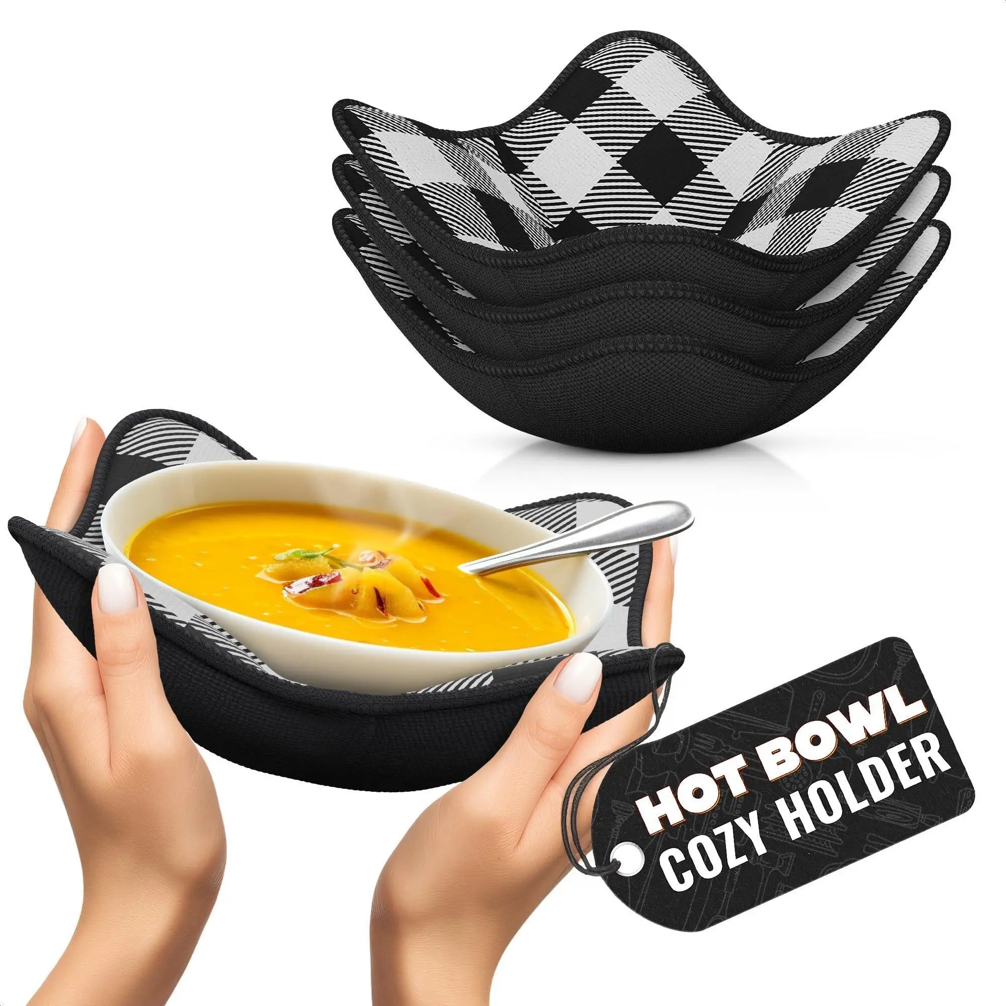 4 Piece Microwave Bowl Holder Set – 7.5 x7.5  Microwave Bowl Holders for Hot Food Black and White Checkered Fabric for Safe & Easy Handling – Machine Washable