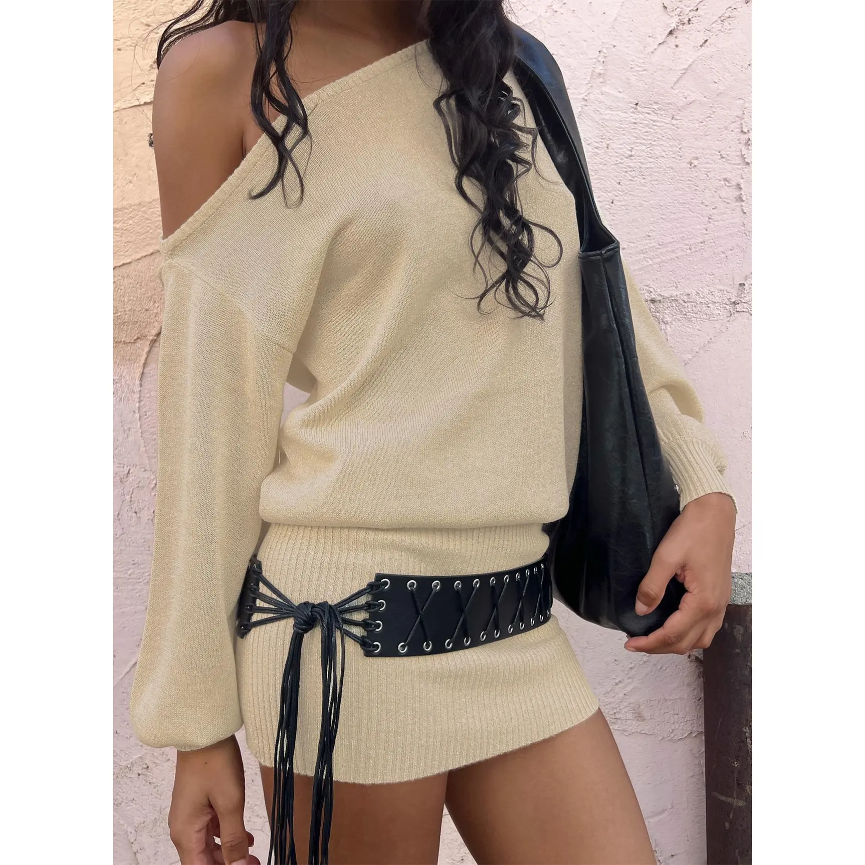 Johannah Off Shoulder Long Sleeve Knit Mini Dress Gold