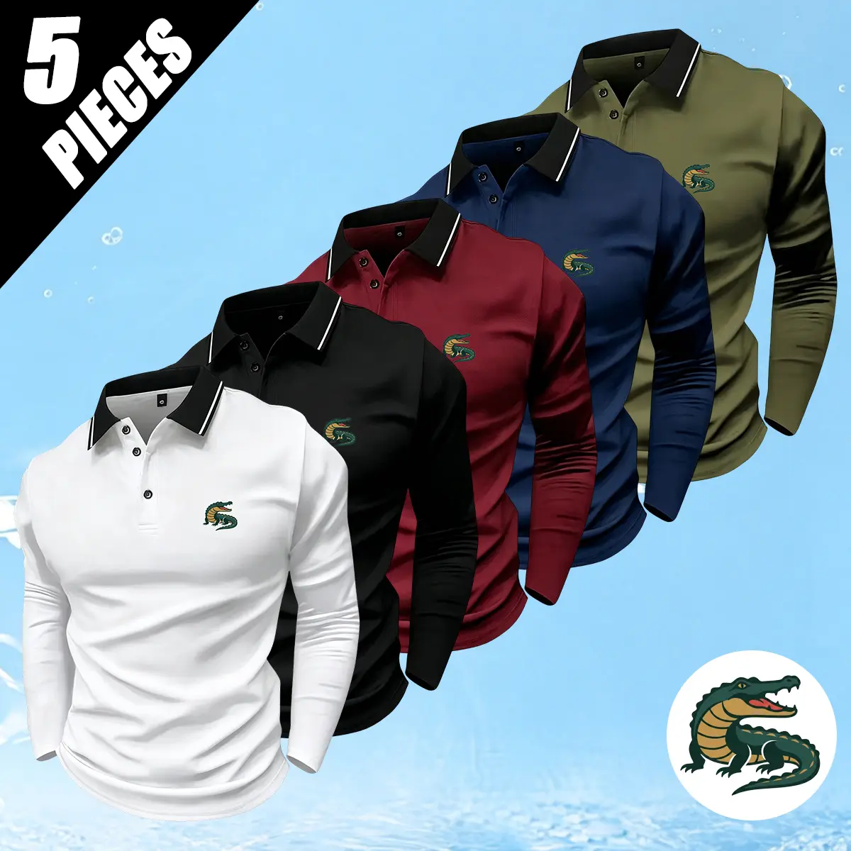 Men’s solid-color casual polo shirt, pack of 5, featuring an alligator print; fashionable and trendy, loose and comfortable, breathable and moisture-wicking, suitable for all seasons; ideal for office, home, work, outings, leisure, and everyday activities
