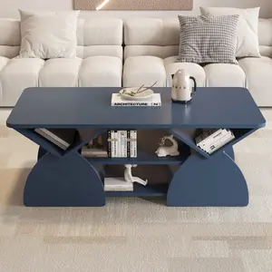 Engineered wood rounded corner rectangular coffee table for living room, easy assembly storage table with open shelves sturdy frame for Reception Room, Modern Coffee Table Geometric Design BLUE   WL