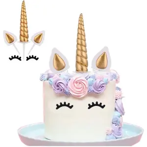 Unicorn Cake Topper Reusable Gold Unicorn Horn Ears and Eyelashes Party Cake Decoration Value Set for Baby Shower Wedding Birthday Party (Set of 5)