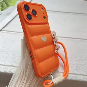 Down jacket, heart stickers, comes with matching lanyard, dopamine color series, shockproof phone case for iPhone 17, Air, 16 Plus, 15, 14, 13, 12, 11 Pro Max, fashion phone case, holiday gift, unisex cute phone, creative phone case, Cover