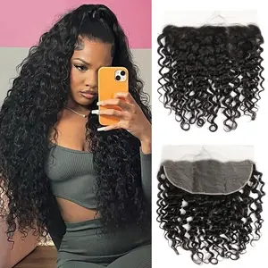Megeen Hair 13x4 Lace Frontal Closure Water Wave Ear to Ear Transparent Lace Frontal Pre Plucked Water Wave Human Hair Closures Free Part 150% Density Natural Color