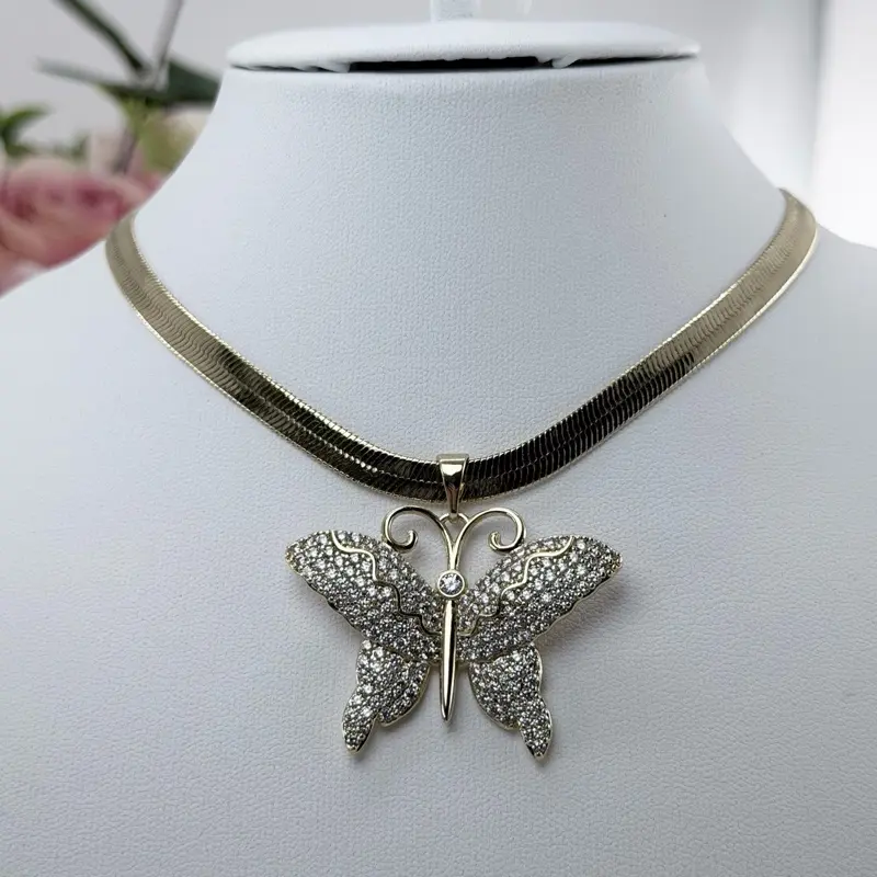 (40) 14K Gold Plated Big Rhinestone Butterfly Pendant for Women with Elegant Chain - Perfect for Special Occasions
