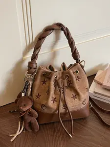 Women's PU Fabric Crossbody Bag, Fashionable Geometric Print Bucket Bag, Adjustable Strap, Magnetic Closure, Ideal for Office, School, Work, Travel, Pu Tote Satchel