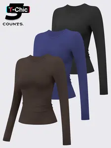 3 pcs Women's Compression Training Long Sleeve Shirts, Fitted Round Neck Yoga Tops, Moisture-Wicking Sportswear for All Seasons, Compression Activewear, Stretch Fabric Activewear, Workout Apparel, Fitness Top