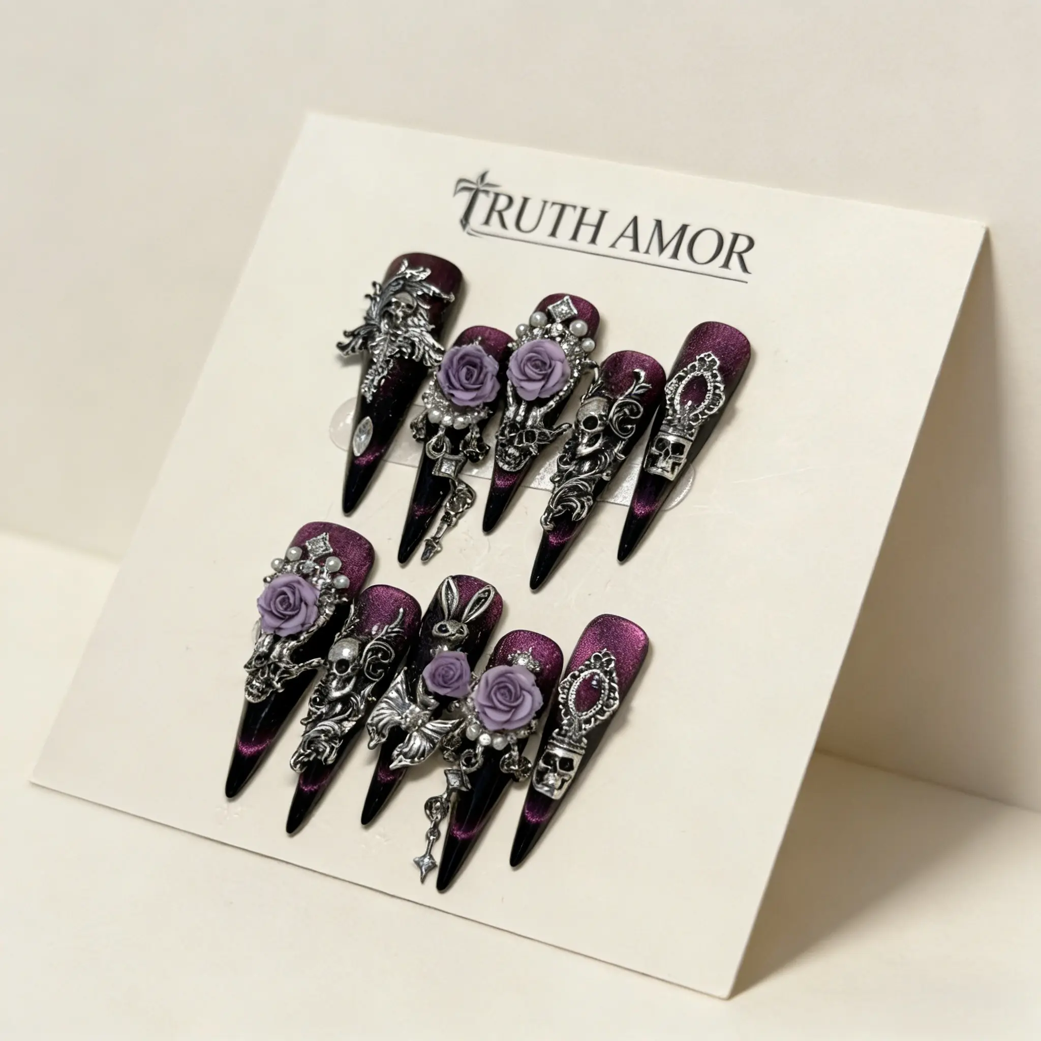 10Pcs TRUTH AMOR Gothic Aesthetic Purple Rose Press On Nails, Long Stiletto Shape Fake Nails with Skull & Cross Charms, Dark Romantic Style, Reusable False Nail Kit, GothicNails, DarkRomanticNails, PurpleRoseNailArt, PressOnNails, Decorative Nails