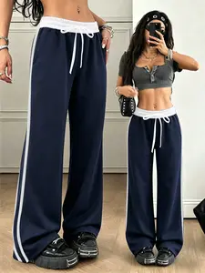 Women's Patchwork Drawstring Sweatpants, Fashion Casual Comfortable Daily Wear Long Pants, Spring Summer Women's Clothing
