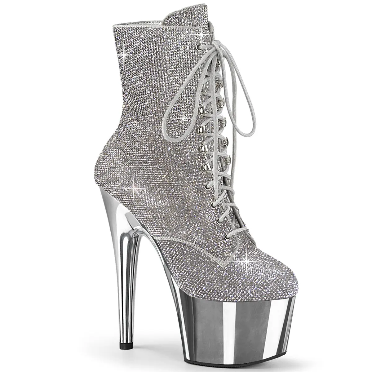Women's 7-in Stiletto High Heel Boots - ADORE-1020CHRS, Silver Rhinestone Lace, Sleek Chrome Finish Shoe, Boot, Footwear, High Heels, Rhinestones, Ankle Boot