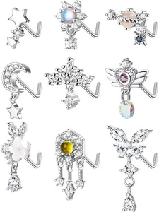 9 Pcs 20G Dangle Nose Rings and Studs for Women - Cubic Zirconia Jewelry Stainless Steel L Shaped Heart Moon Feather Snowflake Wing CZ Dangling Piercing Jewelry