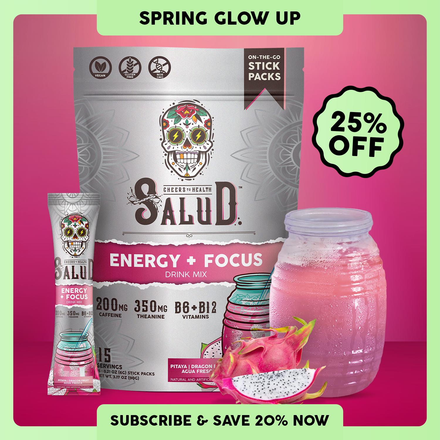 Salud 2-in-1 [Energy Focus – Pitaya Dragon Fruit] Clean Energy Drink Mix, Agua Fresca, Organic Caffeine (200mg), L-The