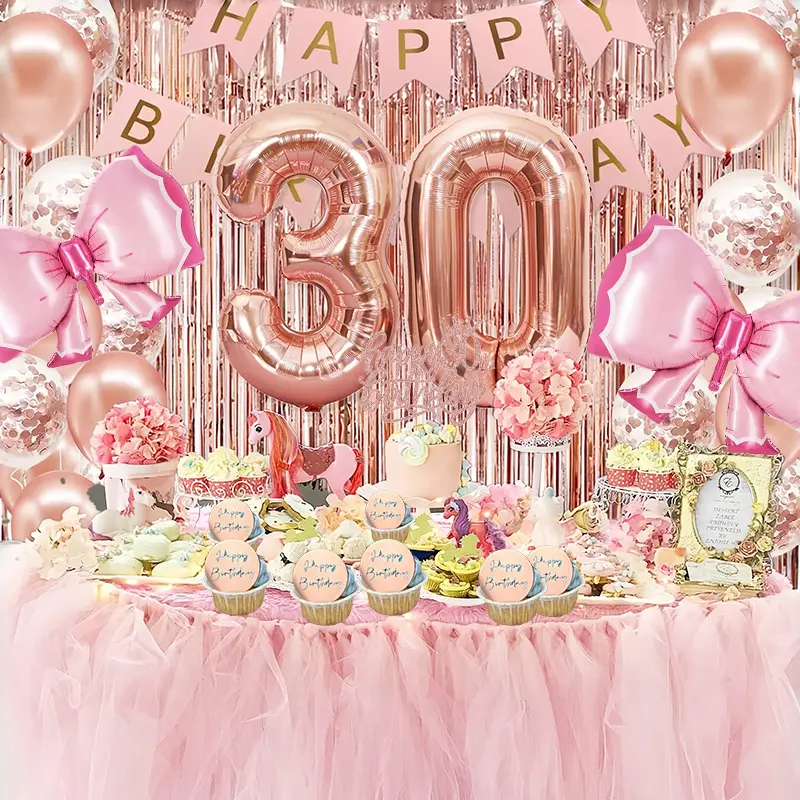 73pcs Rose Golden Birthday Party Decorations Plastic/Paper Happy Birthday Banner With Number Balloons, Crown & Sash, Cake Topper With 1/18/30/40 Numbered Balloons For Age Birthday Anniversary Party