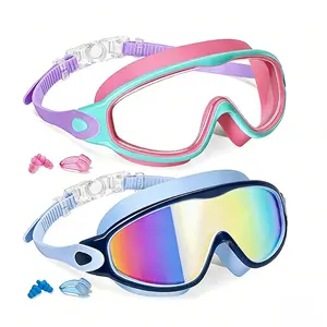 Kids Swimming Goggles, 2 Counts/set Anti-fog Goggles with Earplugs, Wide Vision Design Comfortable Silicone Material Goggles for Boys & Girls, Diving Swimming Goggles