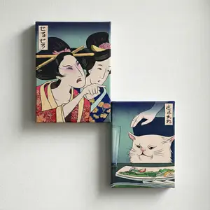 Funny Meme Poster Vintage Japanese Geisha Yelling at Cat Posters Asian Anime Cat Meme Prints Kitchen Wall Artwork for Home Decor