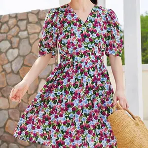 Milky Floral Wrap Dress - Puffed Sleeves, Cinched Waist, Vibrant Floral Print, Casual Womenswear, Summer Style - Purple, Blue, Pink Flowers, Gorgeous, Love