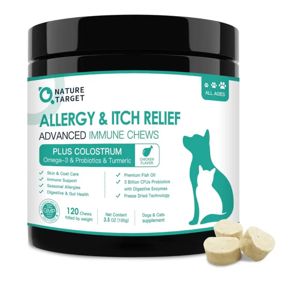NATURE TARGET Dog Allergy Relief Freeze Dried Chews, with Probiotics, Colostrum for Immune Health, Anti Itch & Seasonal Allergies & Scratching, Omega 3 for Skin & Coat Health, Pawlicking, Hot Spots