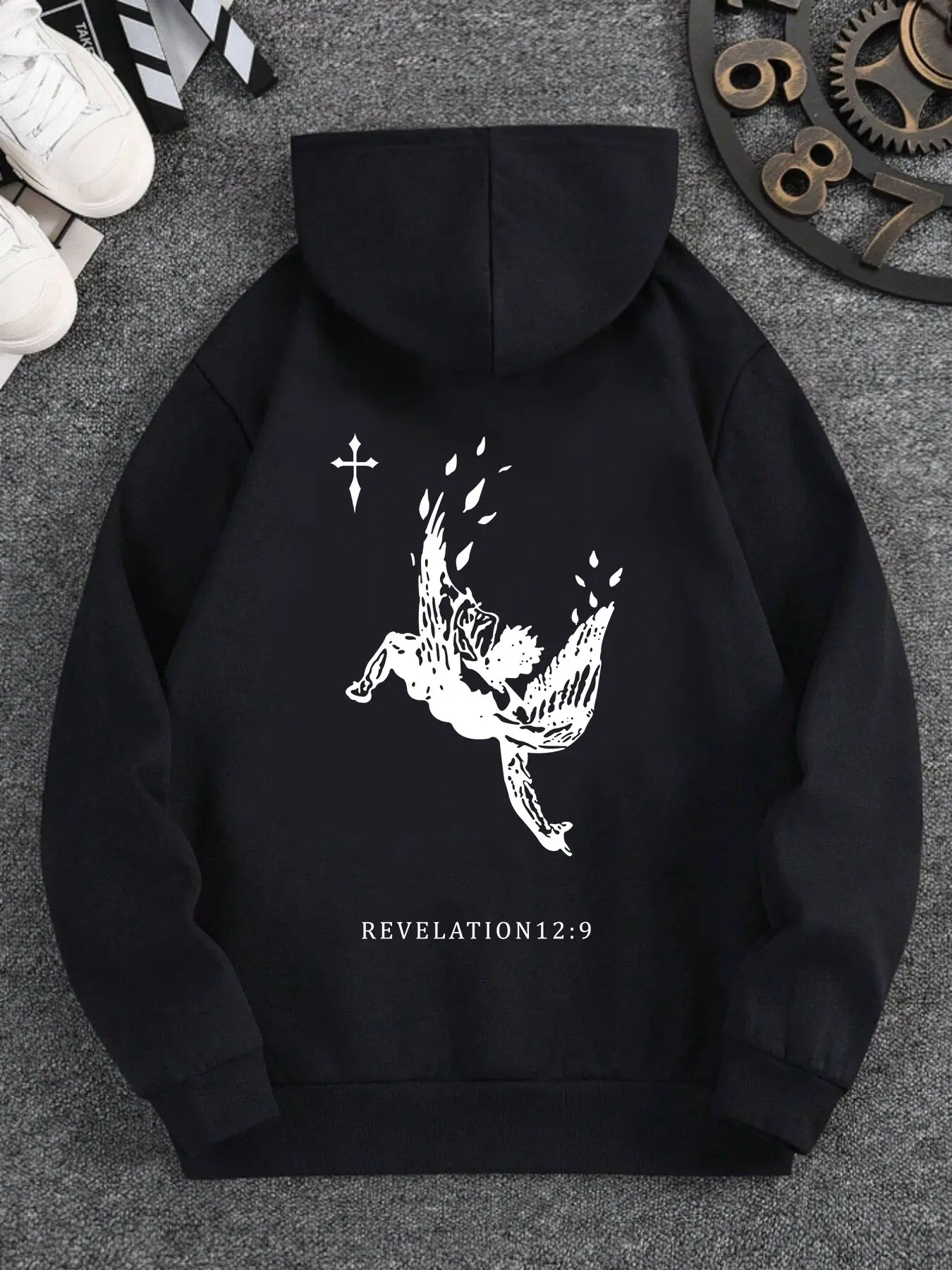 Men's Baggy Oversize Pullover Hooded Sweatshirt - Long-Sleeve Graphic Top with Cross, Mystical Winged Figure, Powerful Back Wing Print, Revelation12:9 Reference for Casual Urban Streetwear, Menswear