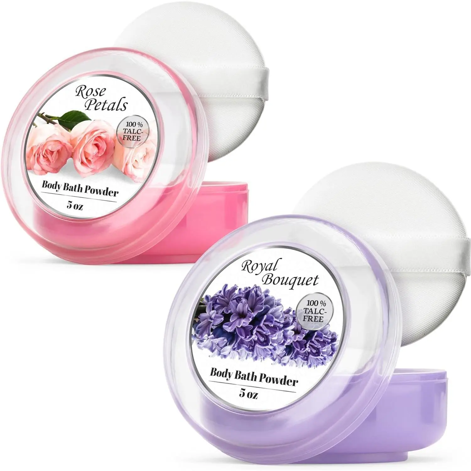 2 Pack Body Powder for Women with Powder Puff, 100% Talc-Free, Elegant Rose Petal & Royal Bouquet Scented Dusting Powder, After Bath for Soft Skin, Extra Large, (2 Pack, 5 Oz Each)