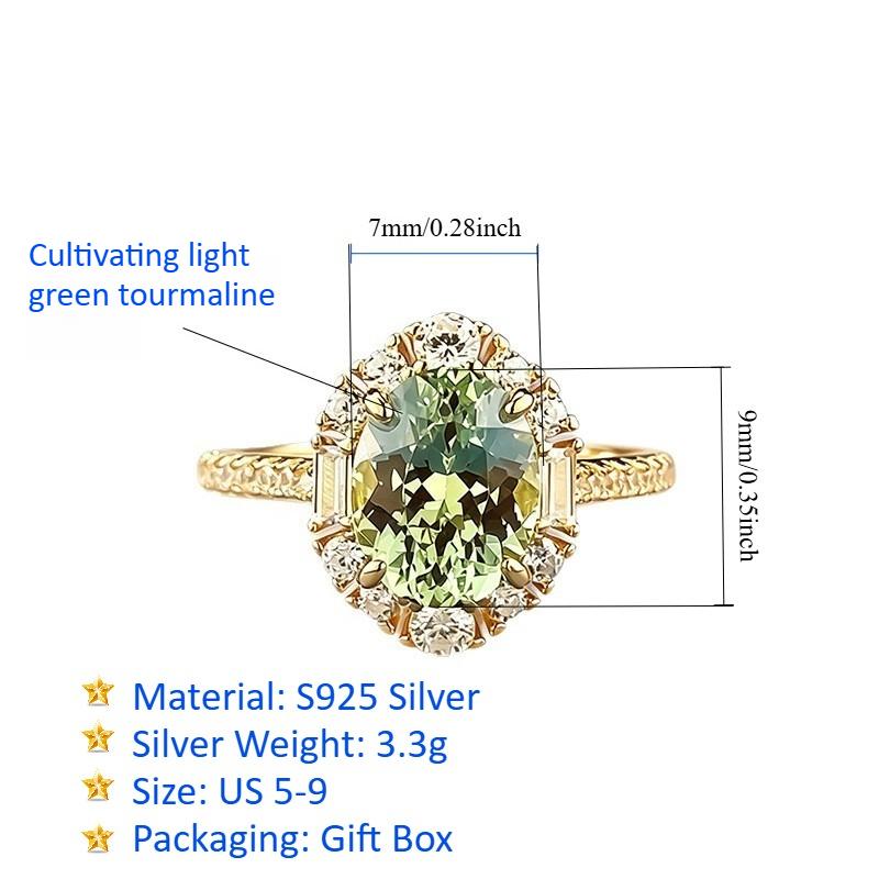 S925 Silver-18K Gold Plated Green Oval Tourmaline Ring (7x9mm) with Zircon Accents, Light Luxury Fashion Jewelry, Ideal Graduation or Birthday Gift