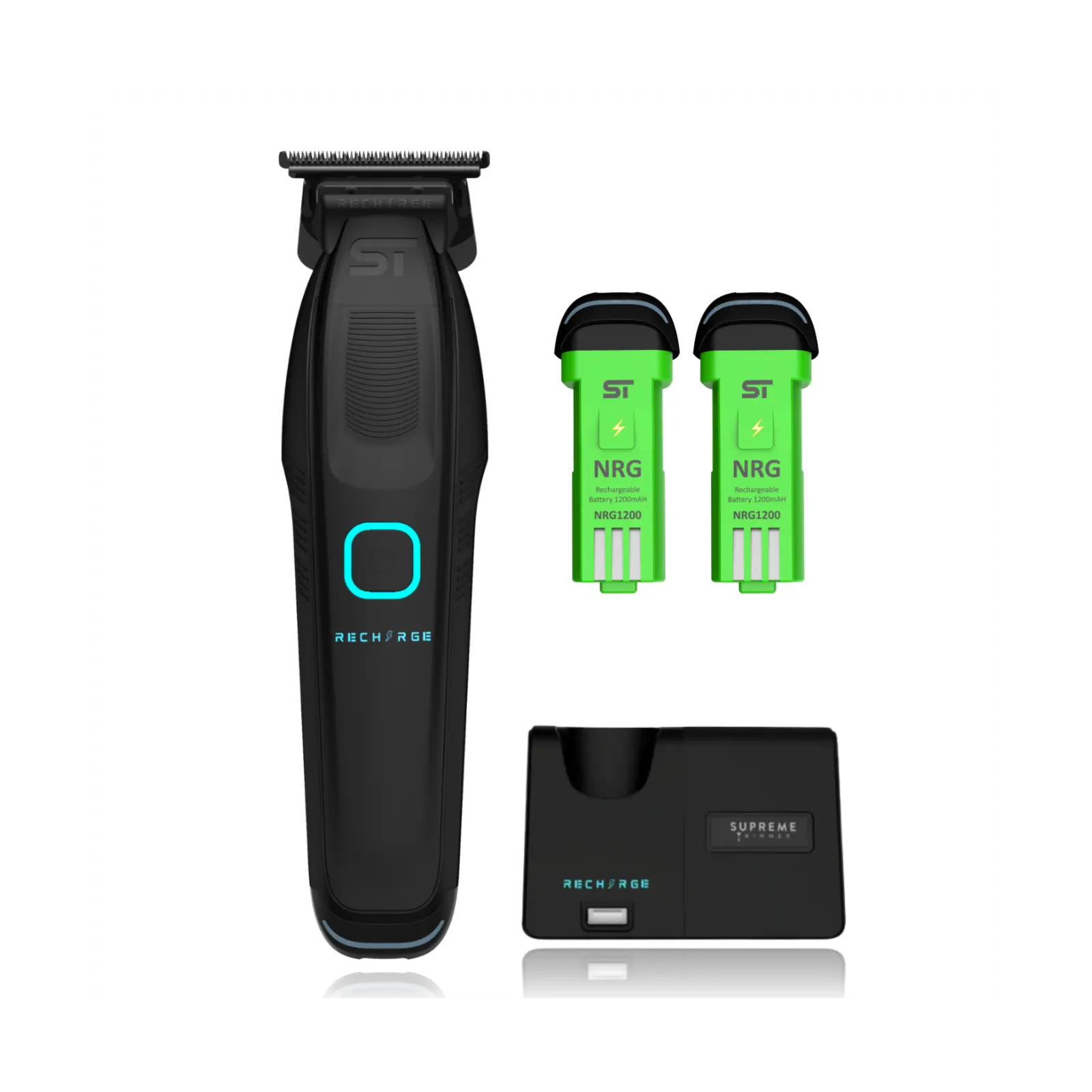 RECHARGE™ Trimmer with 2x Rechargeable Batteries RGB LED Smart Charging Stand & Professional-grade Blades for Versatile Grooming - Brush