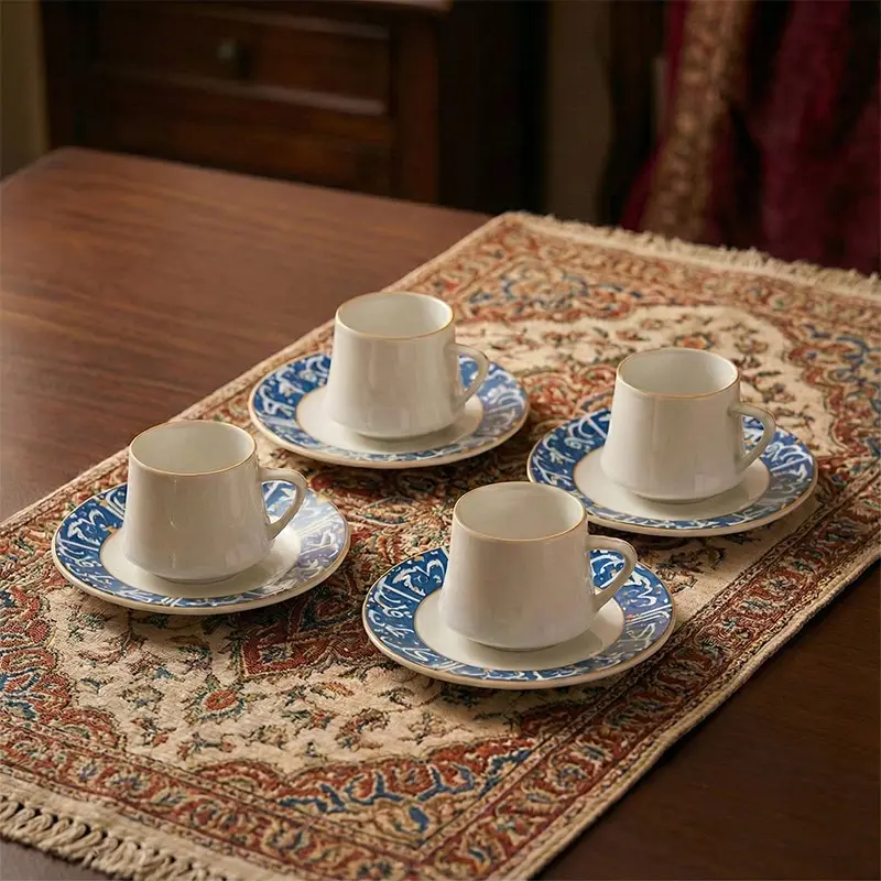 Turkish Coffee Cup Set of 4, 3oz Expresso Cups and Saucers, Ceramic Demitasse Cups, Ideal for Serving Greek, Arabic Coffee, Coffee Cups Gift, Espresso Cups