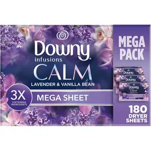 Downy Calm Mega Dryer Sheets, Large Fabric Softener Sheets for Laundry , Static Guard & Softness Boost, Laundry Dryer and Fabric Sheets, 180 Count