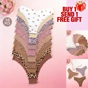 10 Pcs Women'S Seamless Triangle Panties| Soft Leopard & Solid Briefs All Seasons Wear