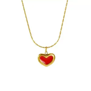 Red Love Titanium Steel Necklace and Earrings Set with Small Red Heart Pendant for Women
