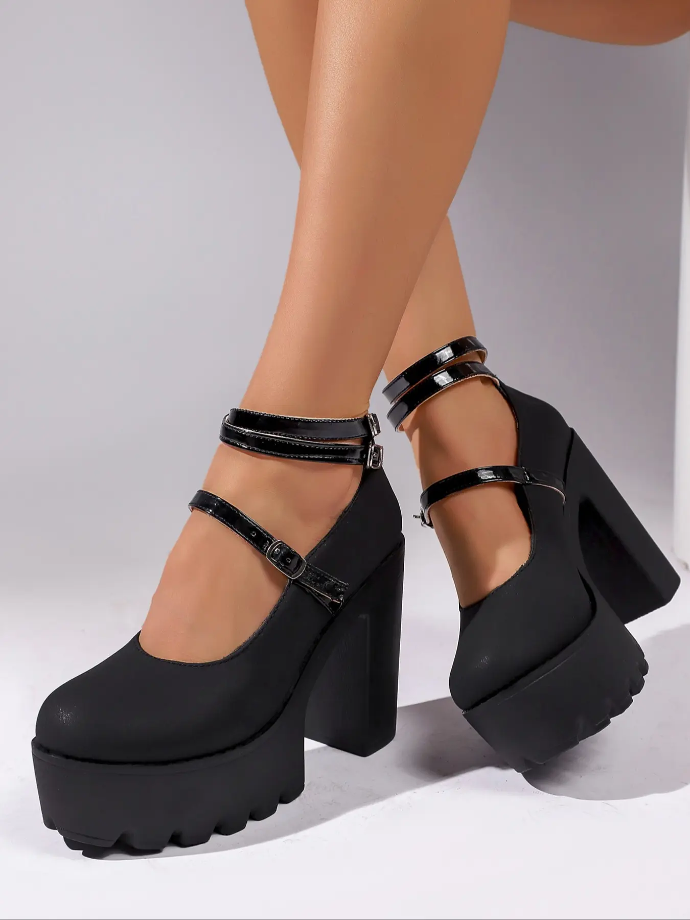 Women's Two-Tone Mary Jane Shoes, Double Strap Round Toe, Thick Sole Chunky Heel, Punk Gothic Rock Style, Party High Heels, Strappy Heels, Lolita Fashion, Stylish, Footwear