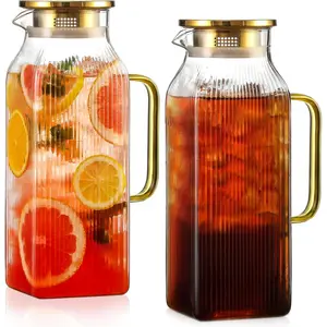 2 Pack 2 Liter/68 oz Square Glass Pitcher with Lid, Classic Stripes Water Pitcher with Handle for Fridge, Large Jug for Iced Tea Coffee, Borosilicate Glass Carafe for Hot/Cold Drinks, Gold