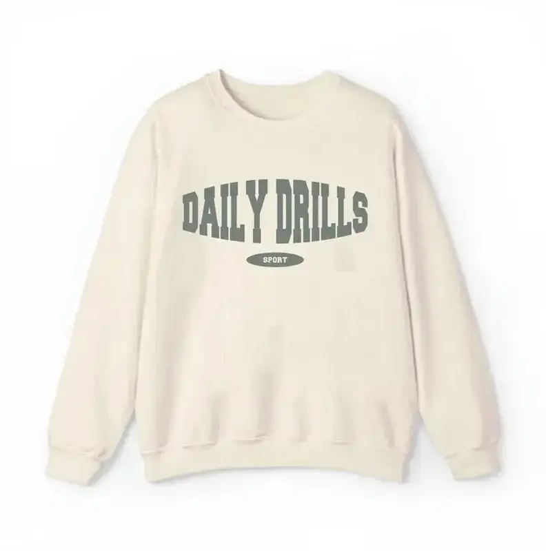 Oversized Sport Sweatshirt – Daily Drills Letter Graphic Crewneck, Casual Long Sleeve Pullover for Men & Women