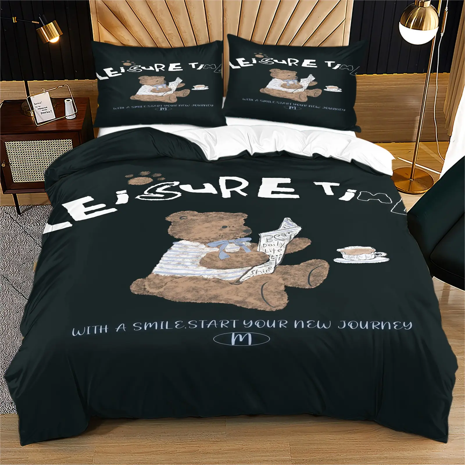 Cute teddy bear doll printed pattern soft and durable bedding duvet cover set, including 1 duvet cover and 1 or 2 pillowcases, without duvet core and pillow core, suitable for children or adults as gifts, modern style fashionable bedroom bed decoration